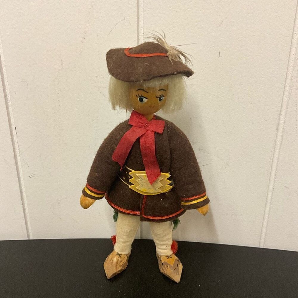Vintage Handmade Wooden Folk Art Doll With Hair And Clothes